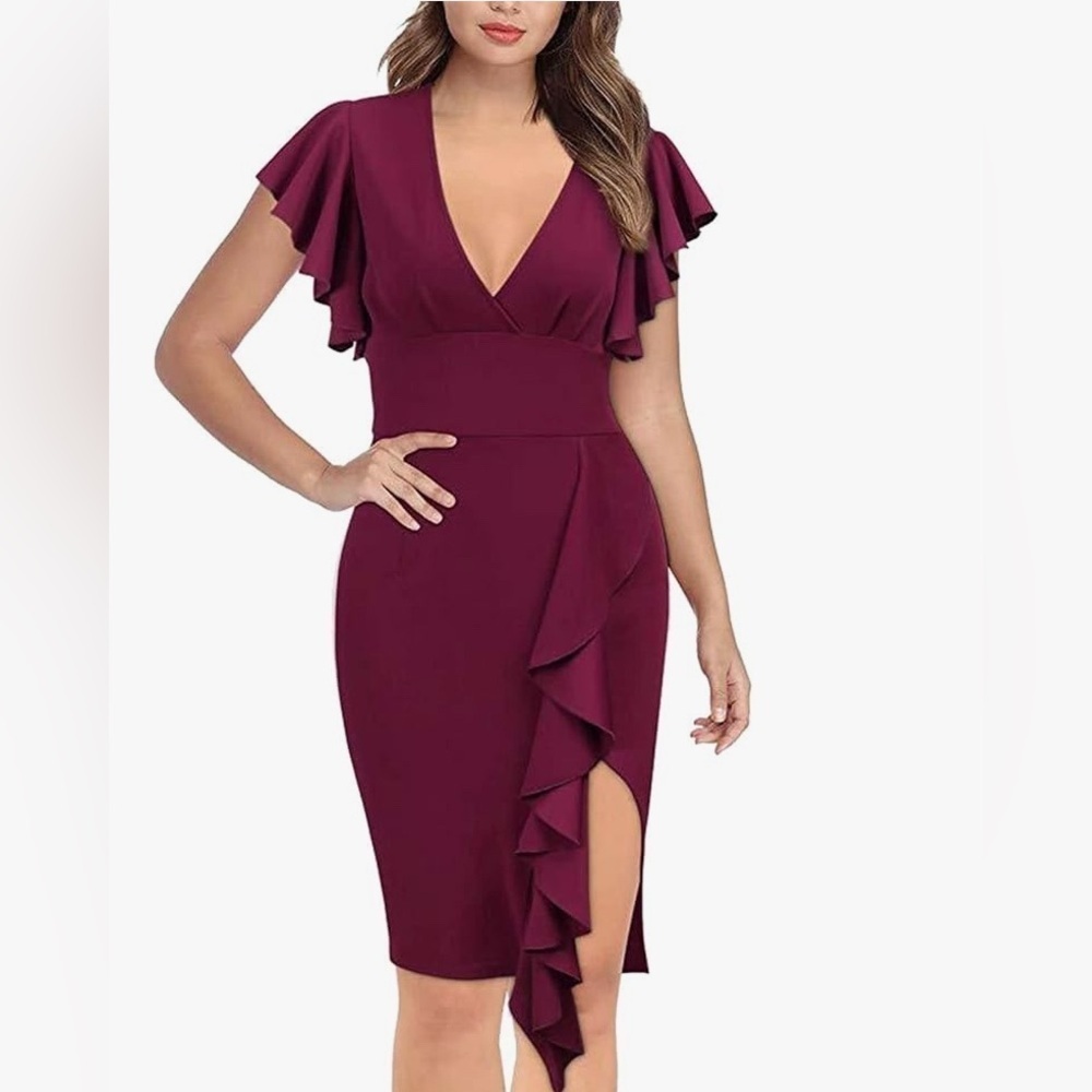 Amazon Women's Wrap Deep V Neck Split Ruffle Sleeve Sheath Dress Mini Short M